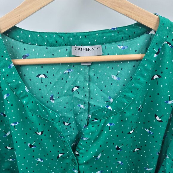 Catherines Blue Cafe Umbrella Novelty 3/4 Sleeved Buttoned Down Blouse 1x - Picture 3 of 9